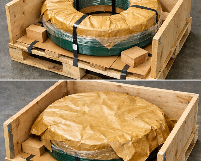 Seaworthy export packaging for narrow gauge stainless steel strips Seaworthy export packaging for narrow gauge stainless steel strips