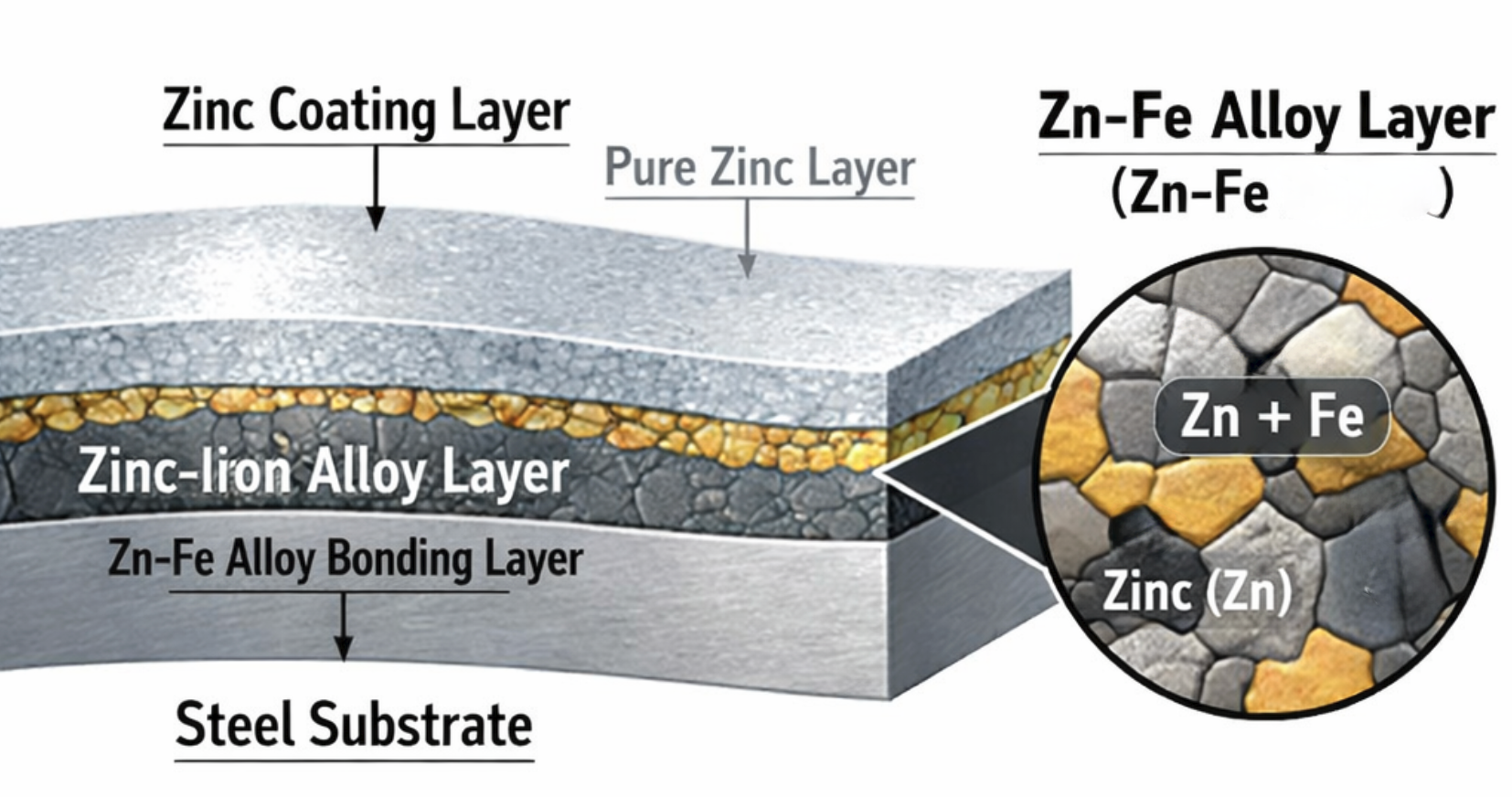 Cross-section diagram of GI Coil layers showing the Zinc-Iron alloy bonds